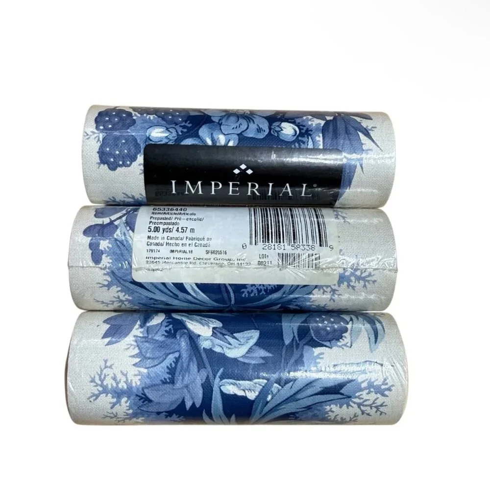 Vintage Wallpaper Border Floral Blue White Cottage Costal Imperial 3 Rolls NEW